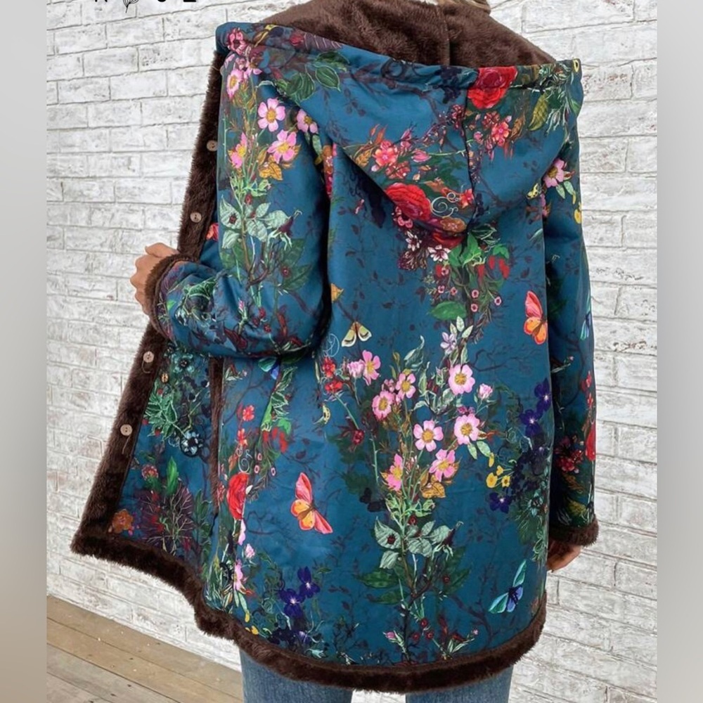 EMERY ROSE Floral & Butterfly Print Contrast Trim Hooded Coat  3XL - Picture 3 of 15